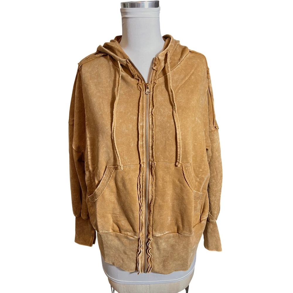 Zenana Acid Wash Zip Up Hoodie Mustard Tan Raw Edge Oversized L/XL TJW-5221A - Picture 4 of 9